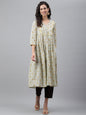 Janasya Women's Light Yellow Cotton Floral Printed Party Flared Kurta