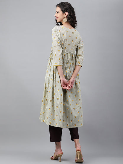 Janasya Women's Light Yellow Cotton Floral Printed Party Flared Kurta