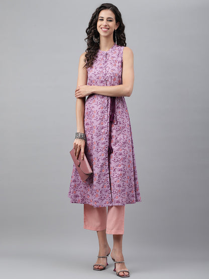 Janasya Women's Lavender Cotton Floral Printed Casual A-Line Kurta