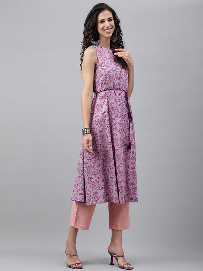 Janasya Women's Lavender Cotton Floral Printed Casual A-Line Kurta