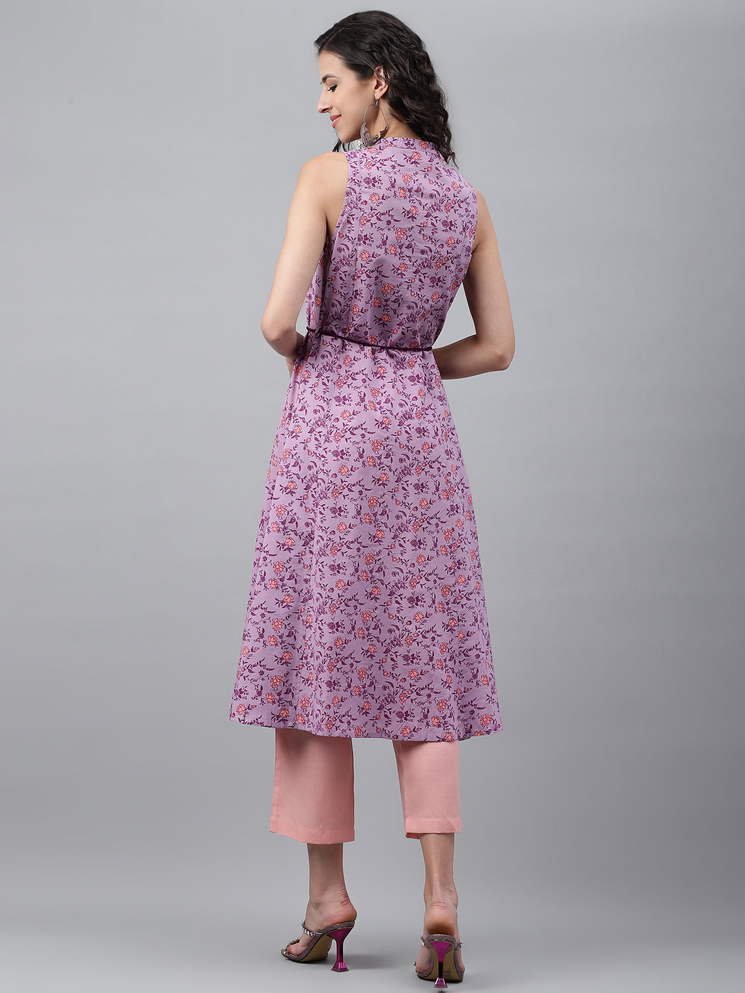 Janasya Women's Lavender Cotton Floral Printed Casual A-Line Kurta