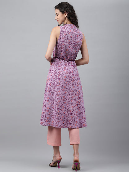 Janasya Women's Lavender Cotton Floral Printed Casual A-Line Kurta