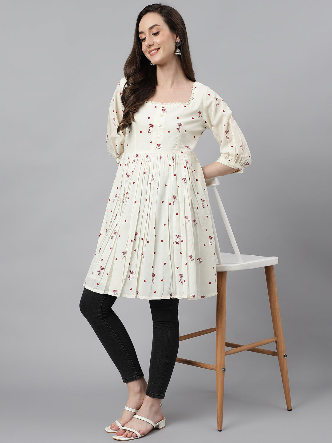 Janasya Women's Off White Cambric Cotton Botanical Print Flared Tunic