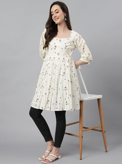 Janasya Women's Off White Cambric Cotton Botanical Print Flared Tunic