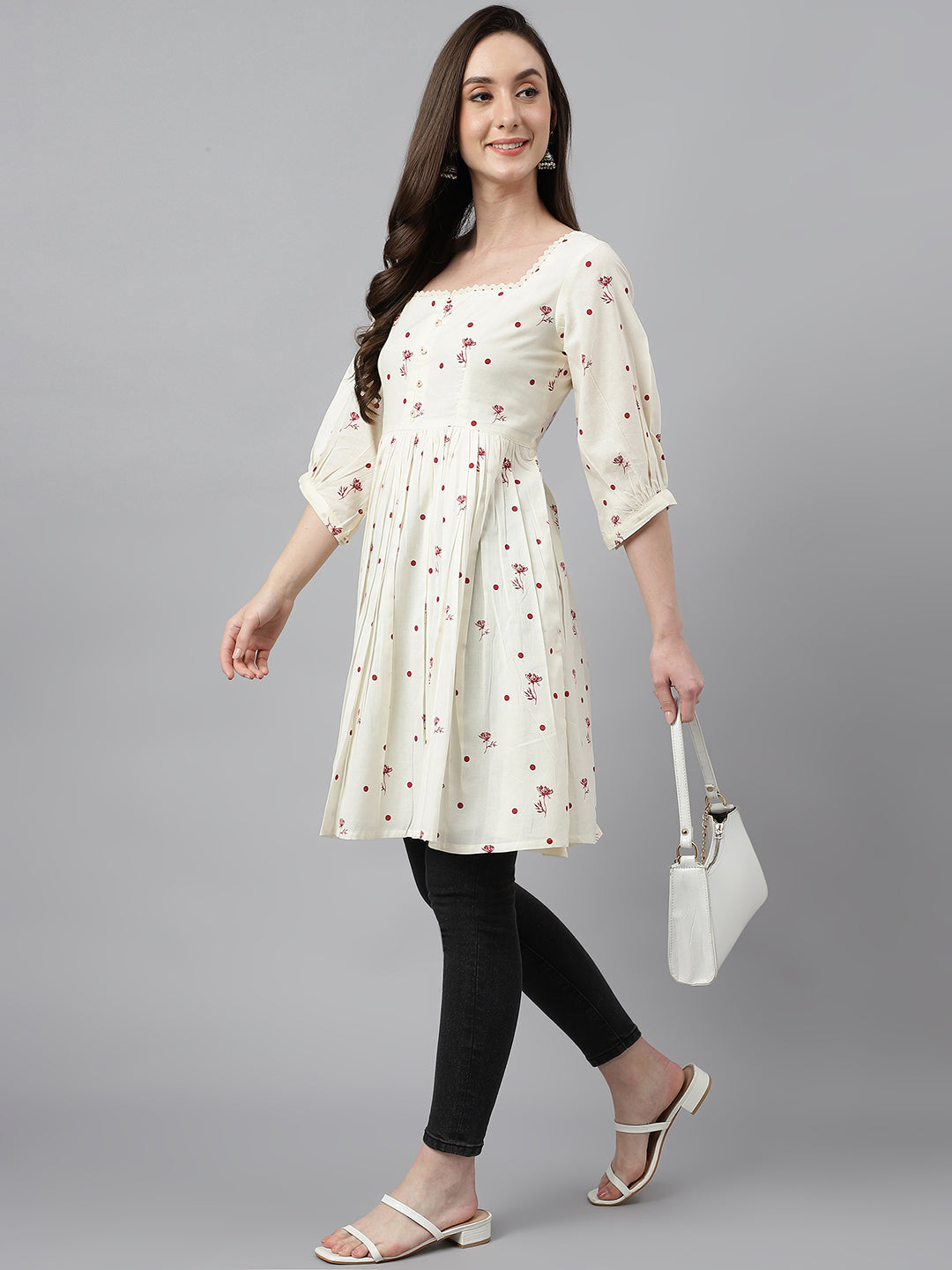 Janasya Women's Off White Cambric Cotton Botanical Print Flared Tunic