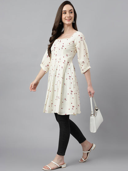 Janasya Women's Off White Cambric Cotton Botanical Print Flared Tunic
