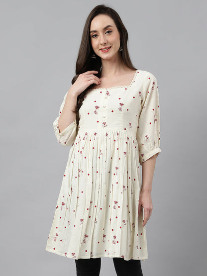 Janasya Women's Off White Cambric Cotton Botanical Print Flared Tunic