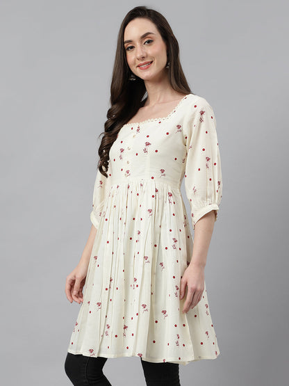 Janasya Women's Off White Cambric Cotton Botanical Print Flared Tunic