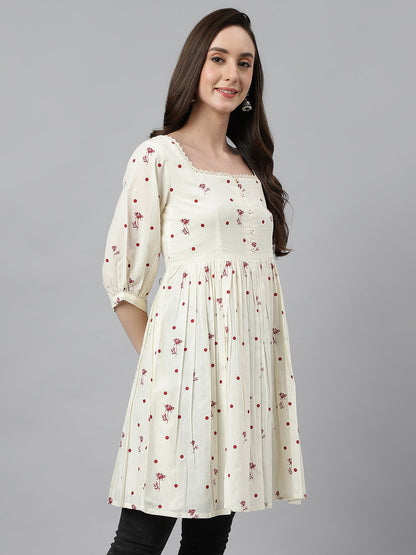 Janasya Women's Off White Cambric Cotton Botanical Print Flared Tunic