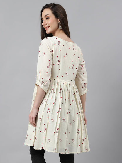 Janasya Women's Off White Cambric Cotton Botanical Print Flared Tunic