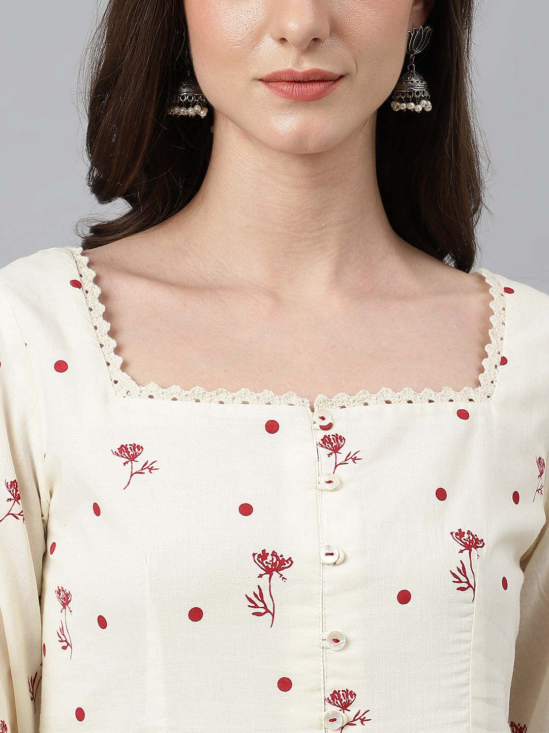 Janasya Women's Off White Cambric Cotton Botanical Print Flared Tunic