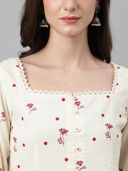 Janasya Women's Off White Cambric Cotton Botanical Print Flared Tunic