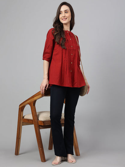 Janasya Women's Maroon Cotton Dobby Solid Flared Top