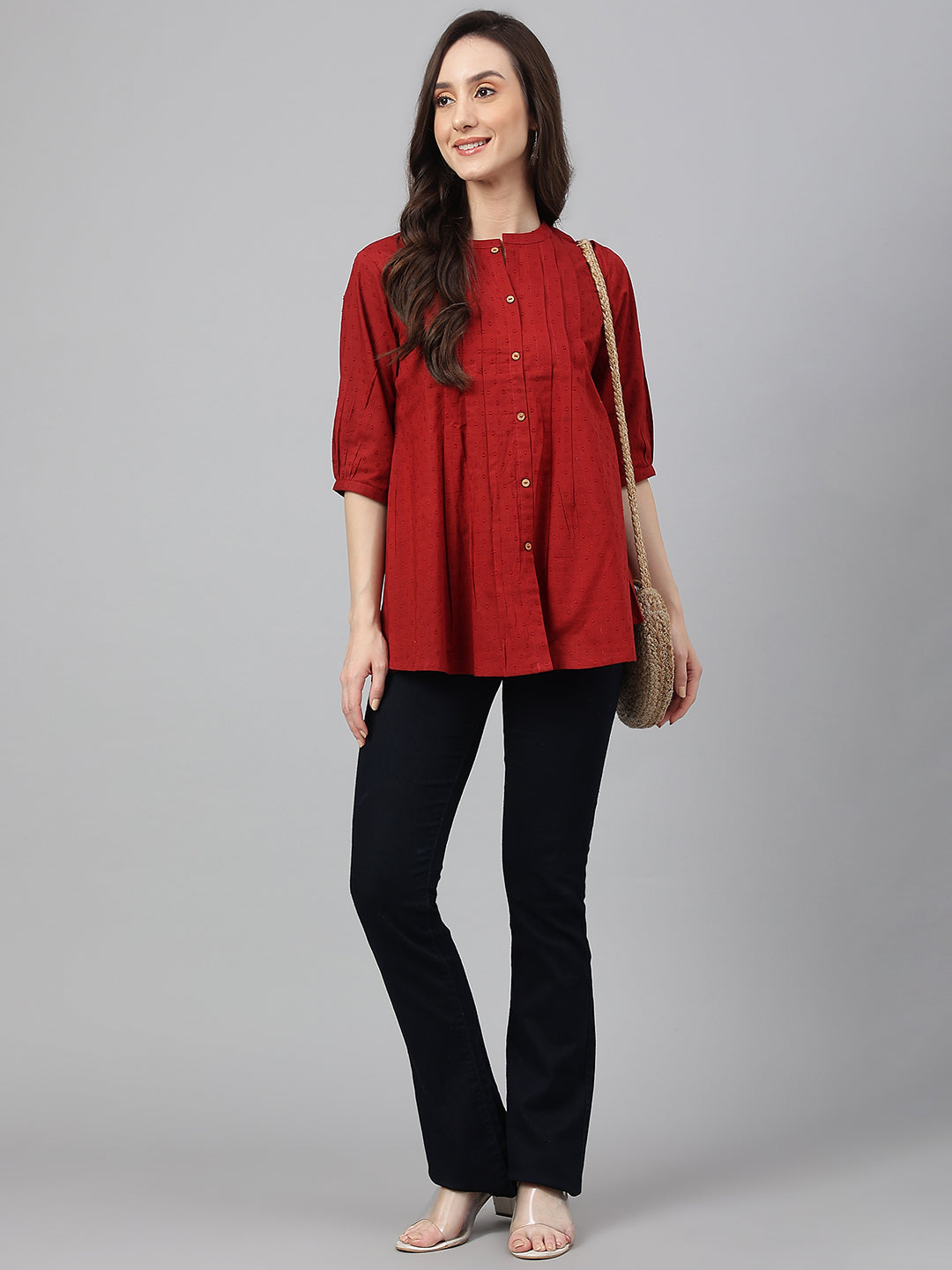 Janasya Women's Maroon Cotton Dobby Solid Flared Top