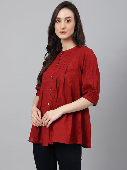 Janasya Women's Maroon Cotton Dobby Solid Flared Top