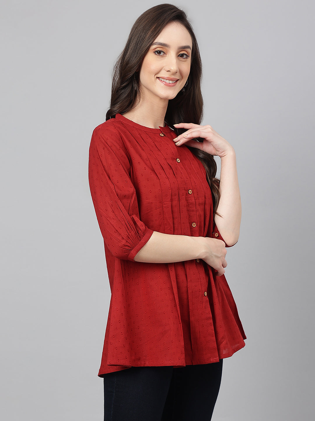 Janasya Women's Maroon Cotton Dobby Solid Flared Top