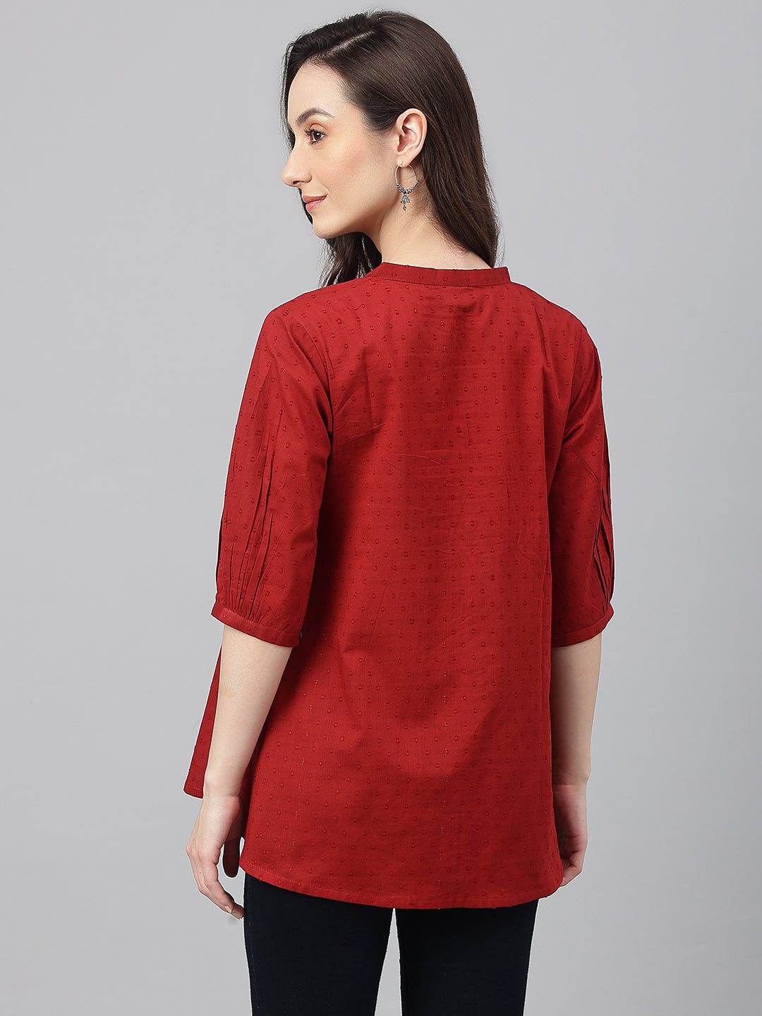 Janasya Women's Maroon Cotton Dobby Solid Flared Top