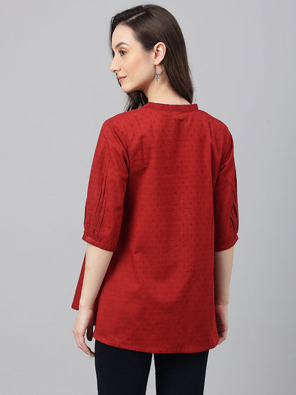 Janasya Women's Maroon Cotton Dobby Solid Flared Top