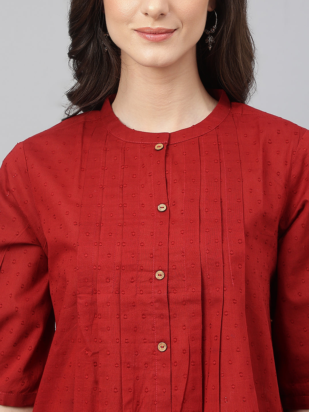 Janasya Women's Maroon Cotton Dobby Solid Flared Top
