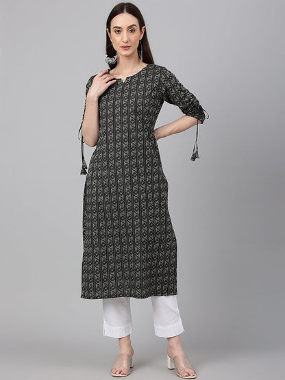 Janasya Women's Black Cotton Woven Design Casual Straight Kurta