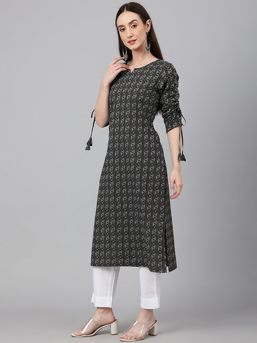 Janasya Women's Black Cotton Woven Design Casual Straight Kurta