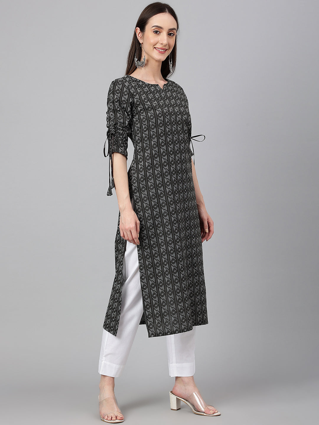 Janasya Women's Black Cotton Woven Design Casual Straight Kurta