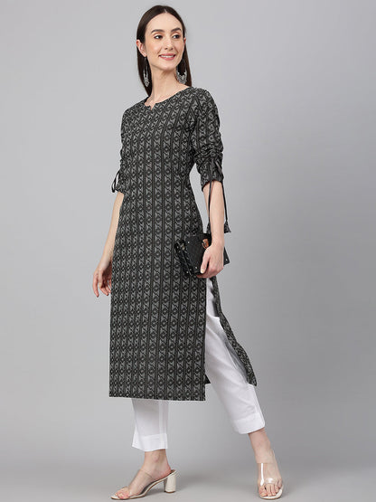 Janasya Women's Black Cotton Woven Design Casual Straight Kurta