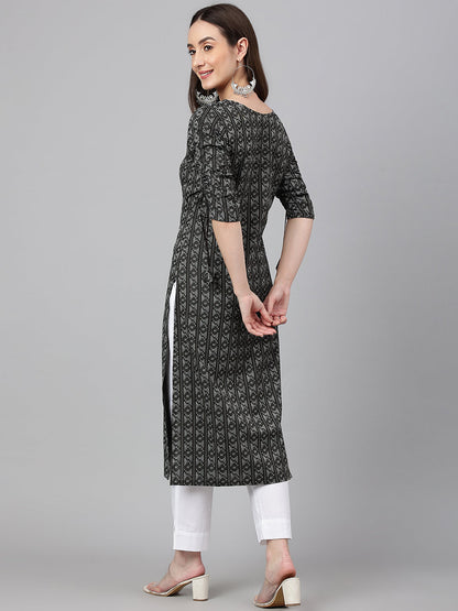 Janasya Women's Black Cotton Woven Design Casual Straight Kurta