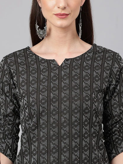 Janasya Women's Black Cotton Woven Design Casual Straight Kurta