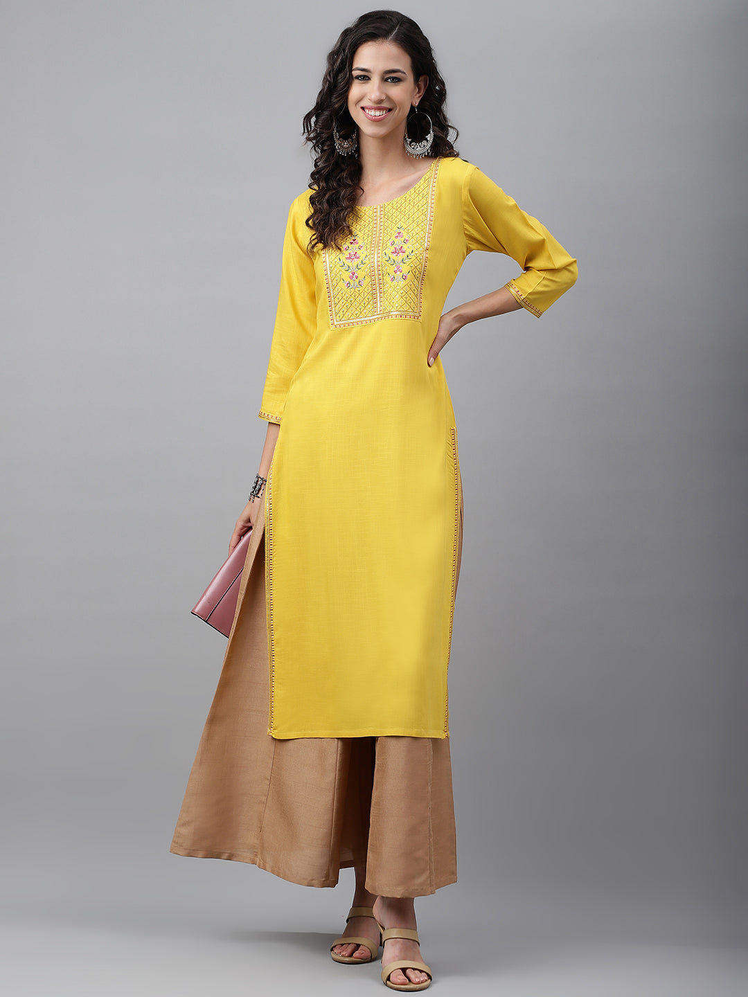 Janasya Women's Mustard Poly Rayon Solid Casual Straight Kurta