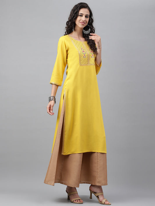 Janasya Women's Mustard Poly Rayon Solid Casual Straight Kurta