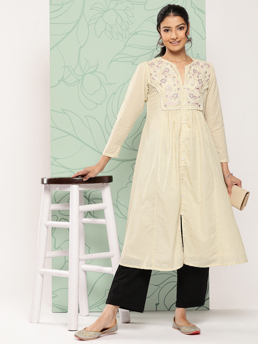 Janasya Women's Off White Dobby Cotton Solid Casual A-Line Kurta
