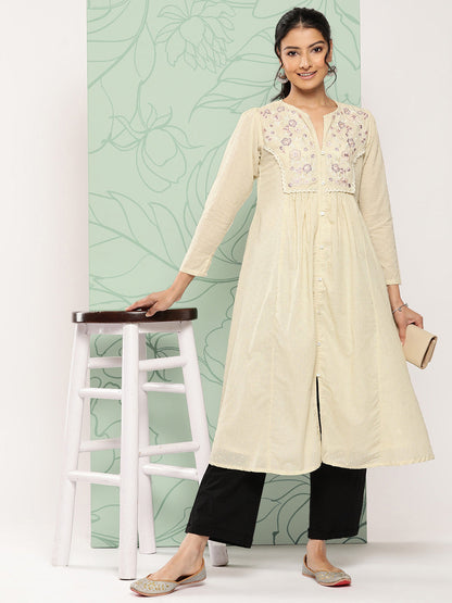 Janasya Women's Off White Dobby Cotton Solid Casual A-Line Kurta