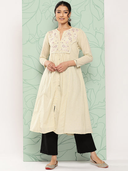 Janasya Women's Off White Dobby Cotton Solid Casual A-Line Kurta