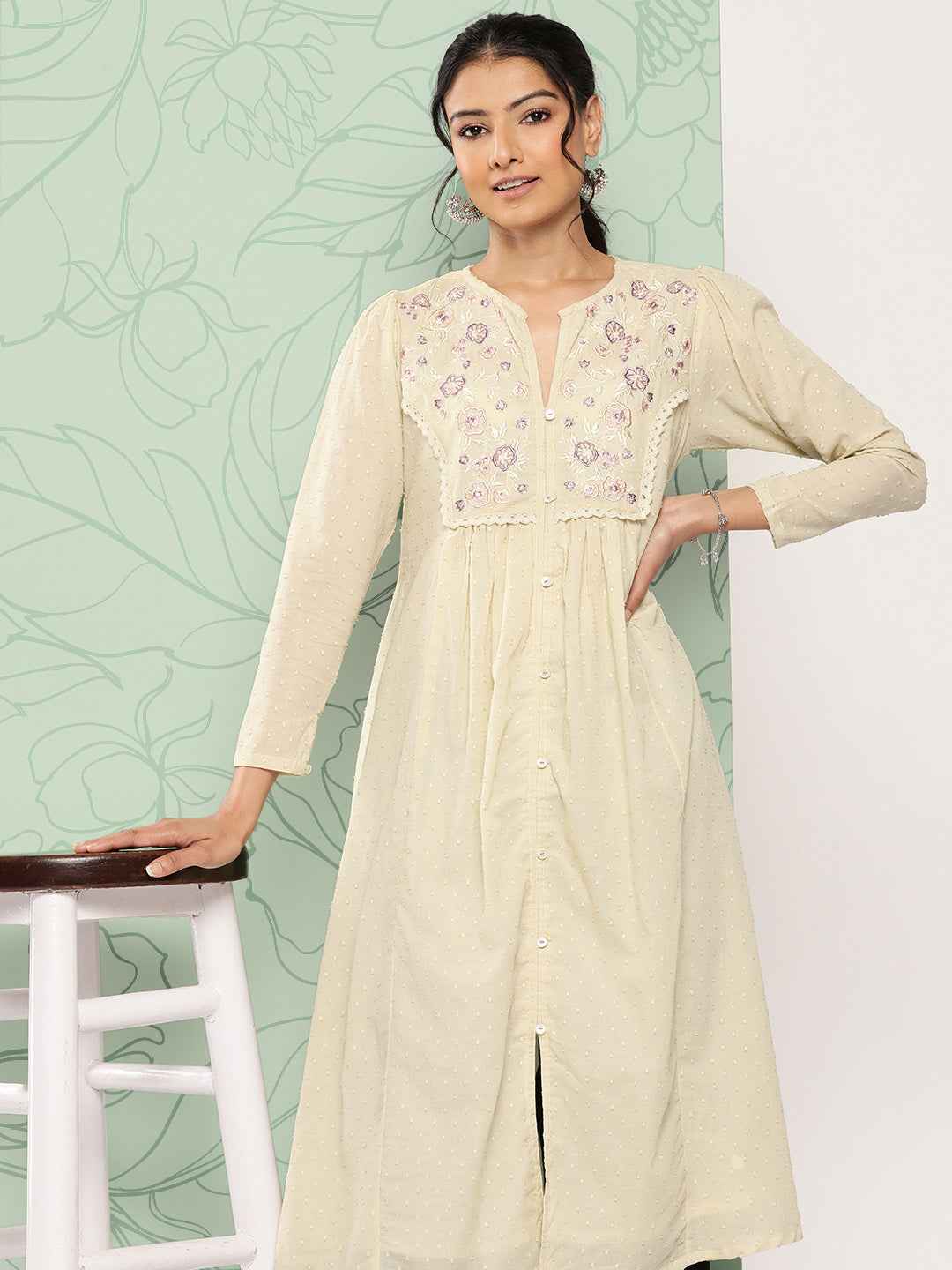 Janasya Women's Off White Dobby Cotton Solid Casual A-Line Kurta