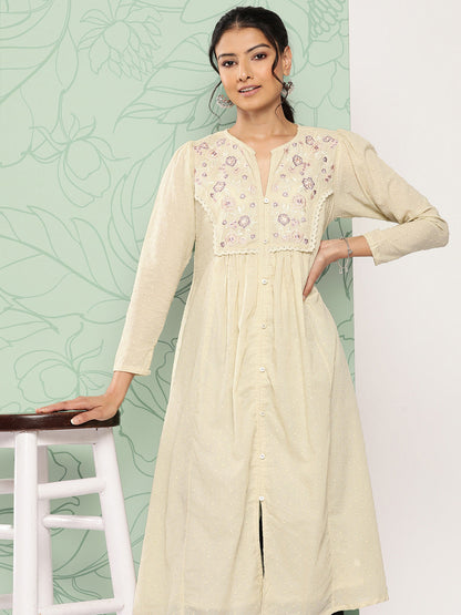 Janasya Women's Off White Dobby Cotton Solid Casual A-Line Kurta