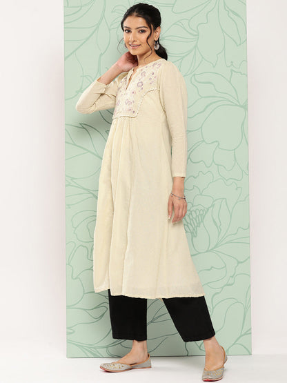 Janasya Women's Off White Dobby Cotton Solid Casual A-Line Kurta