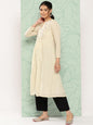 Janasya Women's Off White Dobby Cotton Solid Casual A-Line Kurta