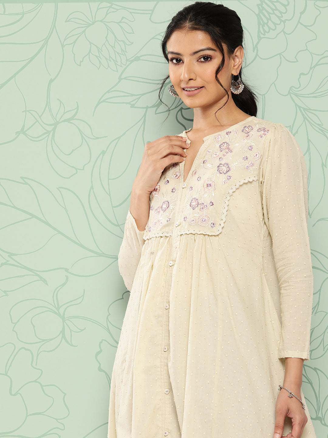 Janasya Women's Off White Dobby Cotton Solid Casual A-Line Kurta