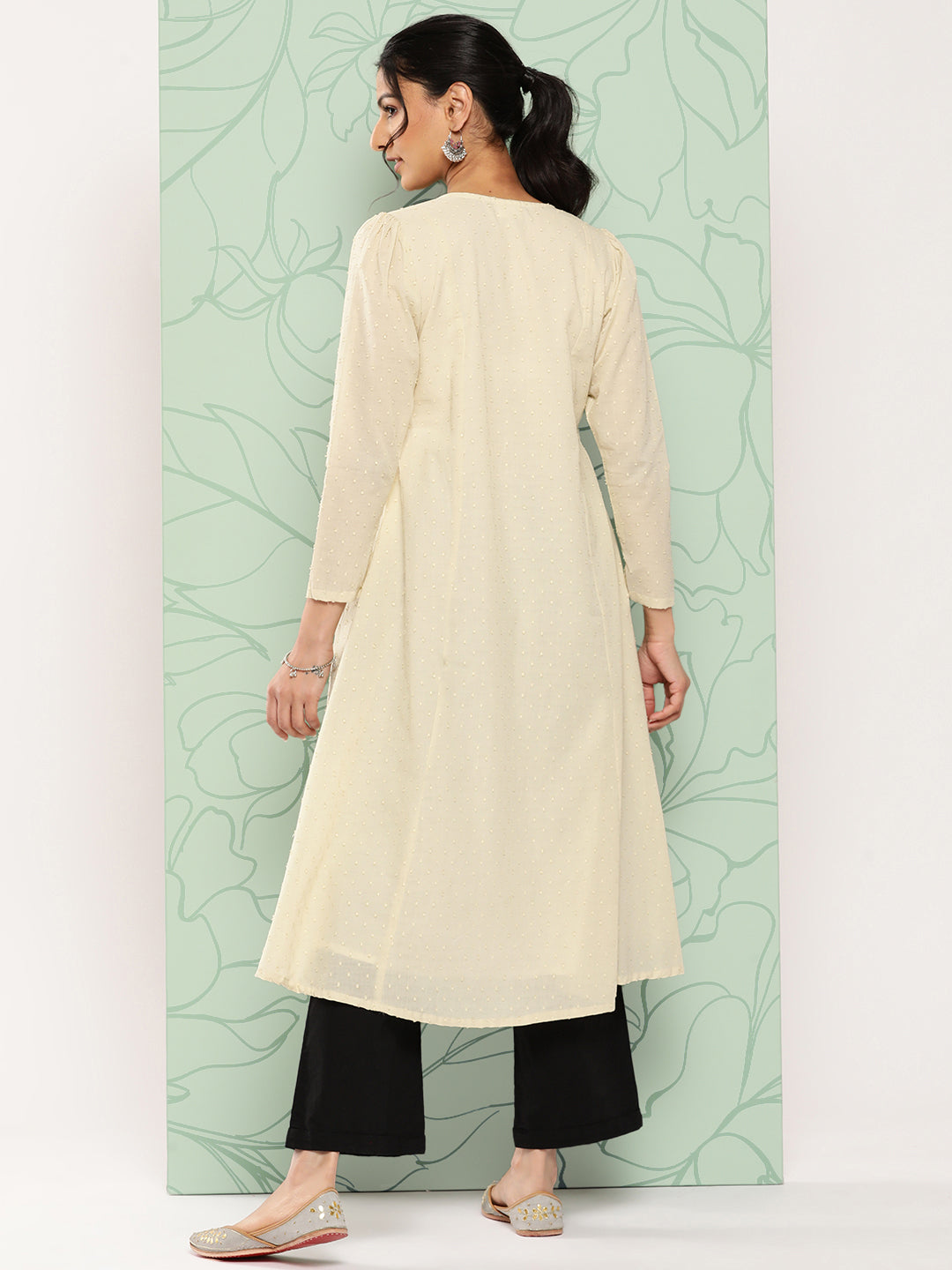 Janasya Women's Off White Dobby Cotton Solid Casual A-Line Kurta