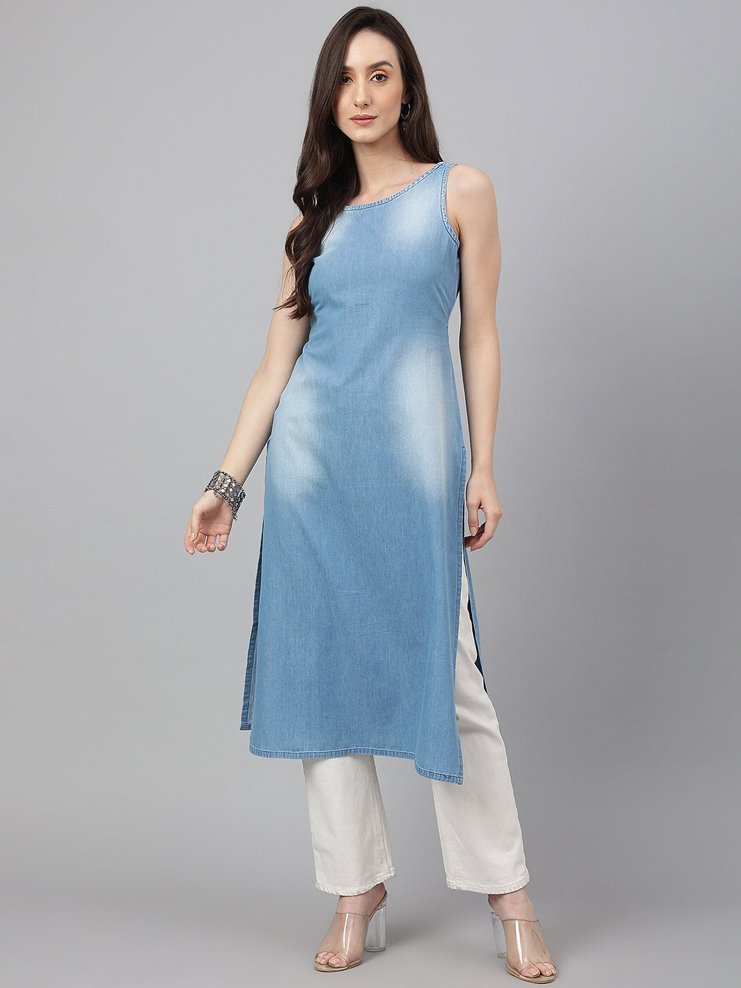 Janasya Women's Light Blue Denim Solid Casual Straight Kurta