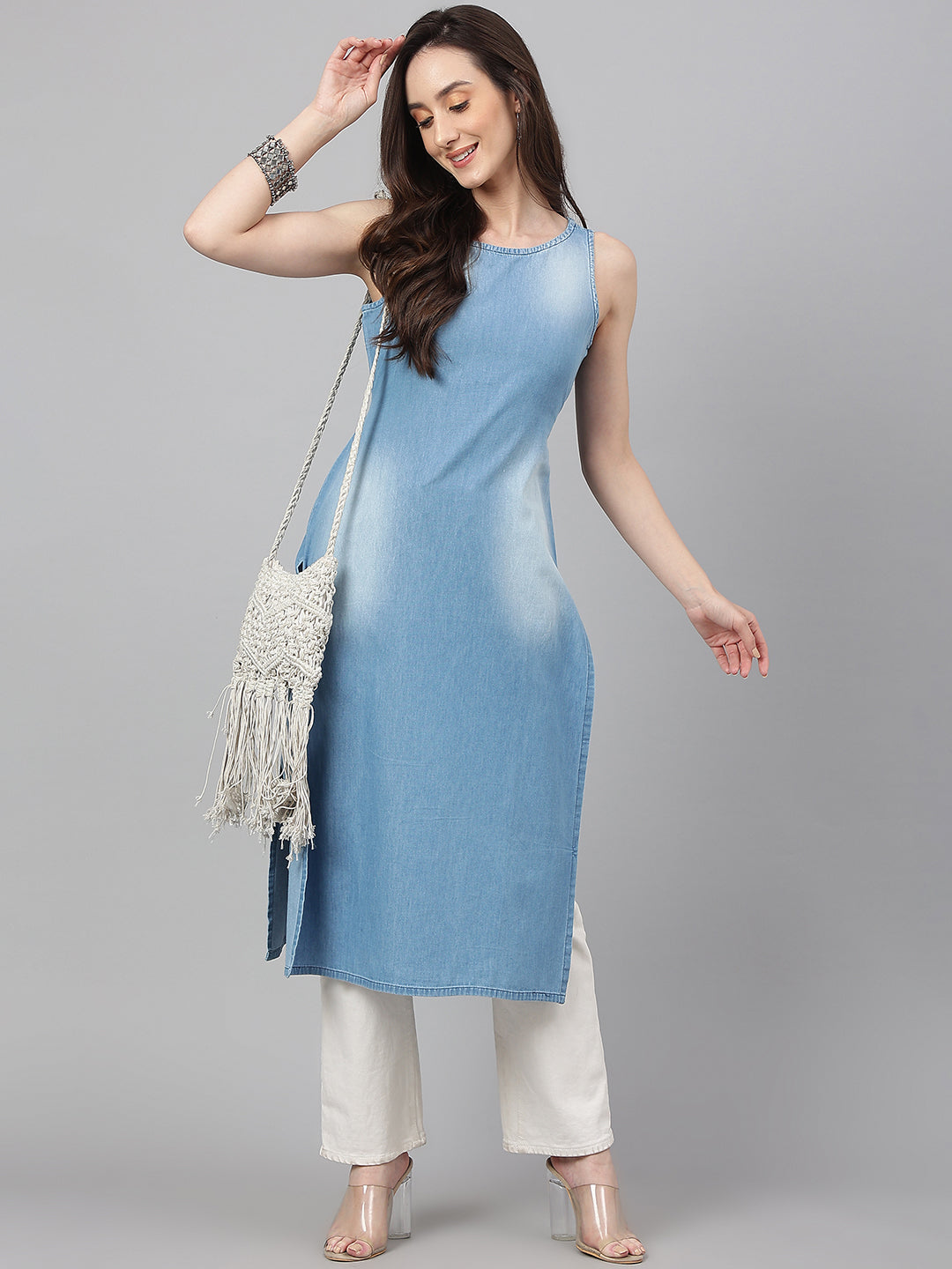 Janasya Women's Light Blue Denim Solid Casual Straight Kurta