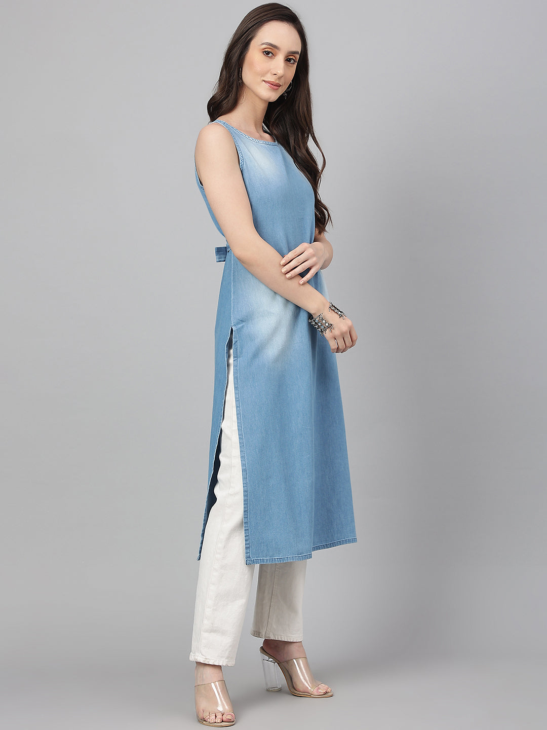 Janasya Women's Light Blue Denim Solid Casual Straight Kurta