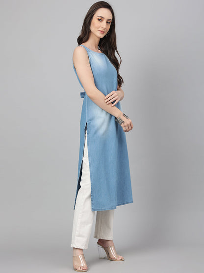 Janasya Women's Light Blue Denim Solid Casual Straight Kurta