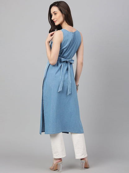 Janasya Women's Light Blue Denim Solid Casual Straight Kurta