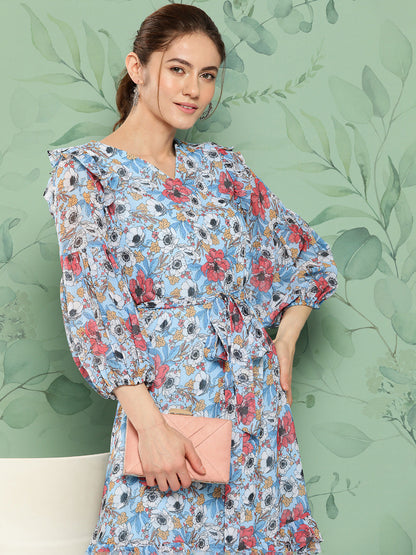 Janasya Women's Sky Blue Georgette Digital Printed A Line Casual Dress