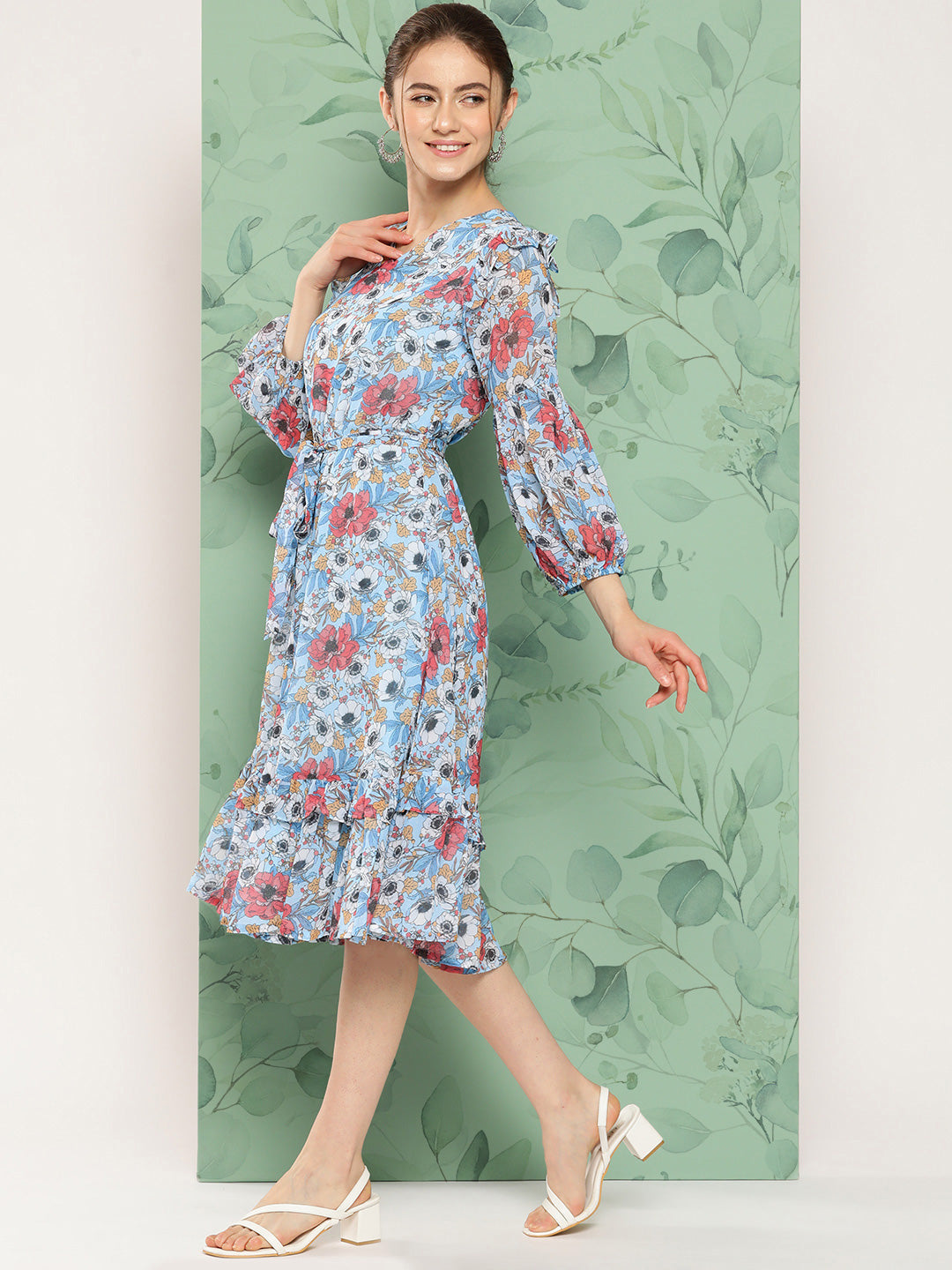 Janasya Women's Sky Blue Georgette Digital Printed A Line Casual Dress