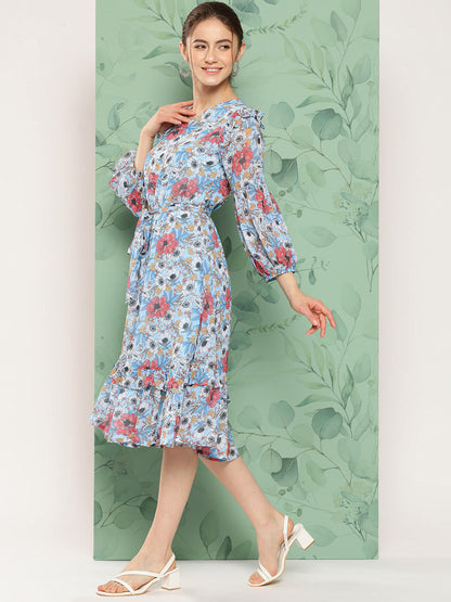 Janasya Women's Sky Blue Georgette Digital Printed A Line Casual Dress