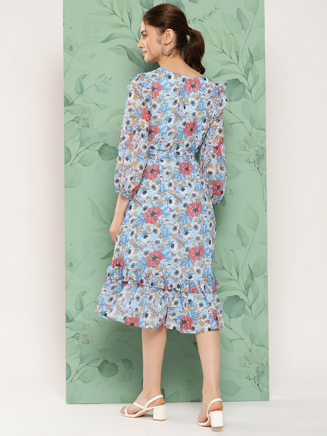 Janasya Women's Sky Blue Georgette Digital Printed A Line Casual Dress