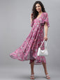Janasya Women's Pink Georgette Digital Printed Wrap Casual Dress